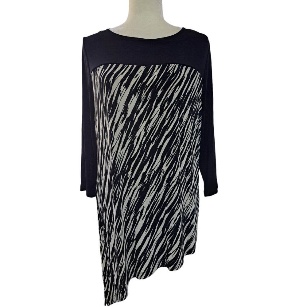Chico's Travelers Women Asymmetrical Black  3/4 Sleeve Vacation Travel Top 2 -M